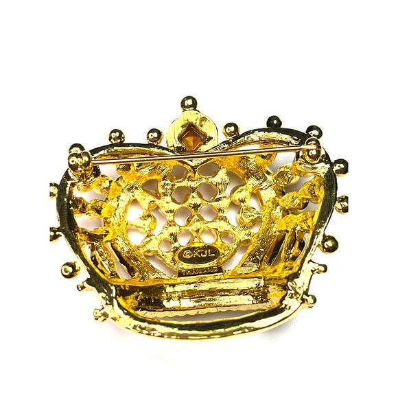 Kenneth Jay Lane Vintage Crown Brooch Pin Gold Tone Red Green Rhinestone - Picture 5 of 9